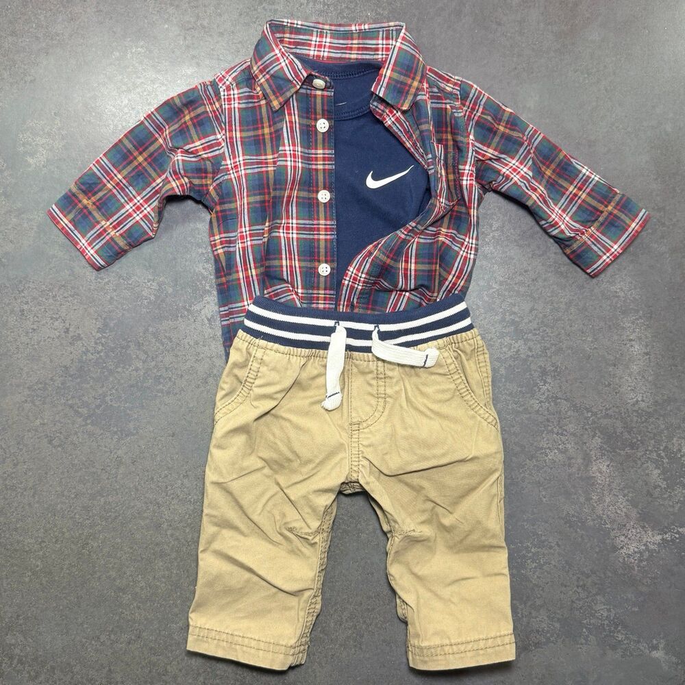 Carter’s & Nike 3M Plaid Button-Up Bodysuit Logo Onesie & Twill Pants 3pc Set